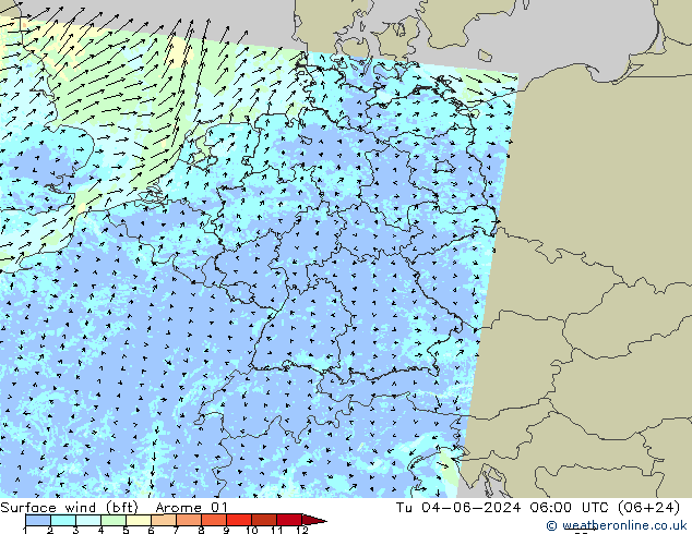 Vento 10 m (bft) Arome 01 Ter 04.06.2024 06 UTC