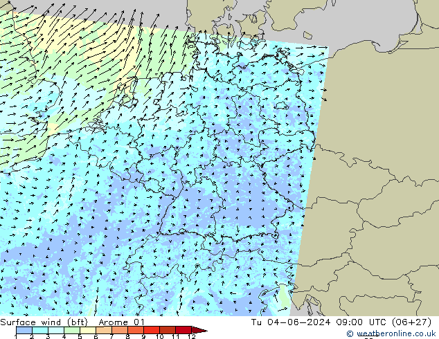 Surface wind (bft) Arome 01 Út 04.06.2024 09 UTC
