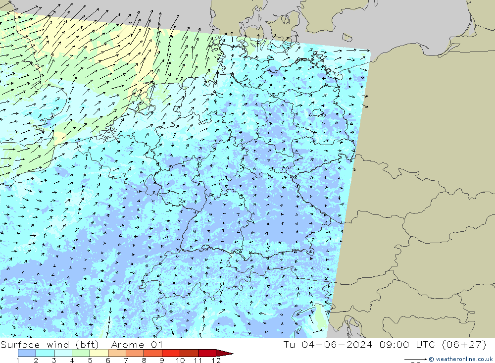  10 m (bft) Arome 01  04.06.2024 09 UTC