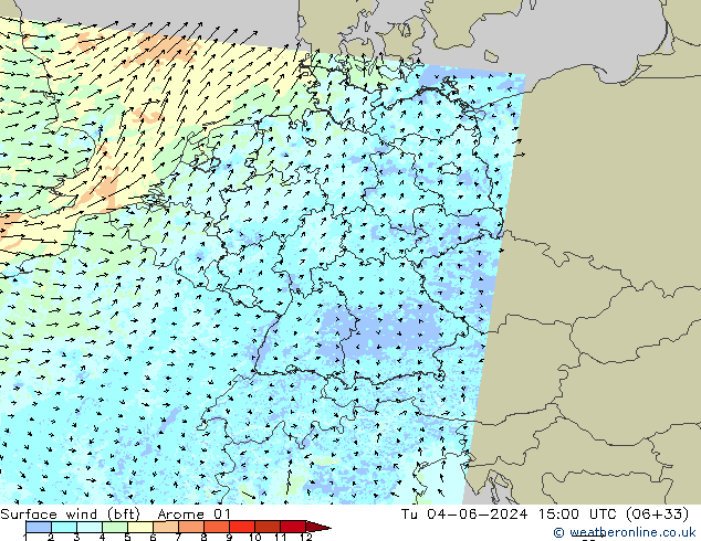 Vent 10 m (bft) Arome 01 mar 04.06.2024 15 UTC