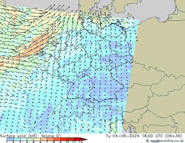 Rüzgar 10 m (bft) Arome 01 Sa 04.06.2024 18 UTC