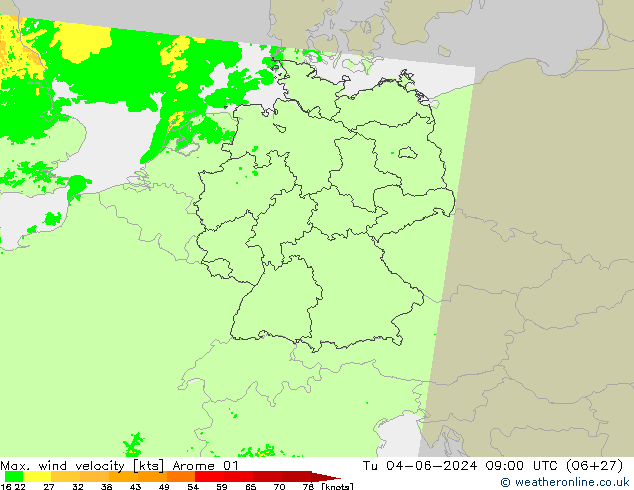 Max. wind velocity Arome 01 вт 04.06.2024 09 UTC