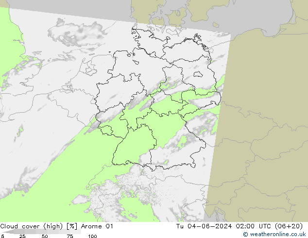 Cloud cover (high) Arome 01 Tu 04.06.2024 02 UTC