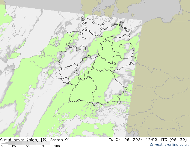 Cloud cover (high) Arome 01 Tu 04.06.2024 12 UTC