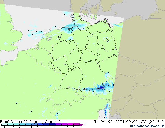 Précipitation (6h) Arome 01 mar 04.06.2024 06 UTC