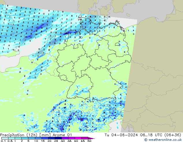 Totale neerslag (12h) Arome 01 di 04.06.2024 18 UTC
