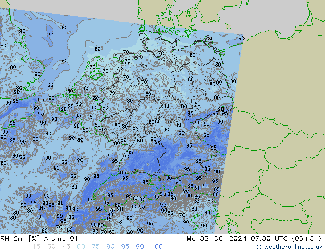 RH 2m Arome 01 Mo 03.06.2024 07 UTC