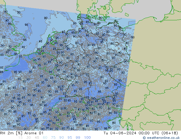 RH 2m Arome 01 Út 04.06.2024 00 UTC