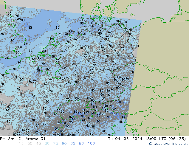 RH 2m Arome 01 Út 04.06.2024 18 UTC