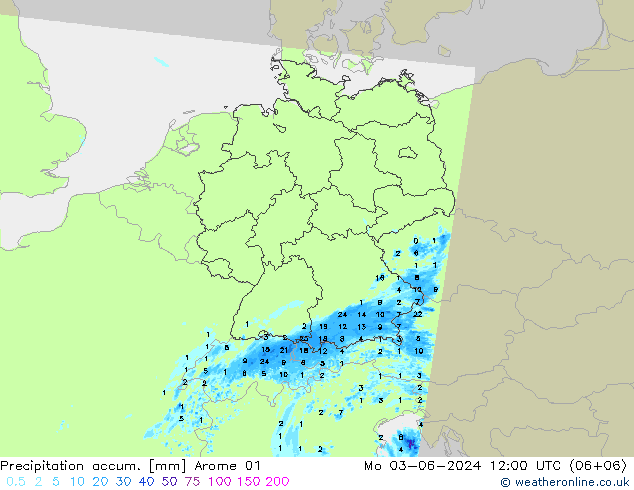 Totale neerslag Arome 01 ma 03.06.2024 12 UTC