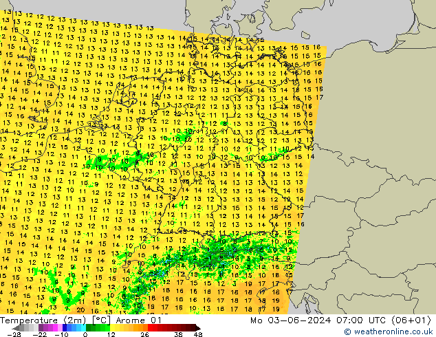 Temperaturkarte (2m) Arome 01 Mo 03.06.2024 07 UTC