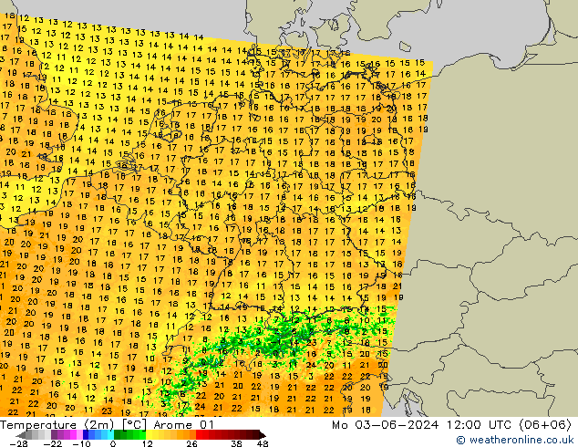 Temperatuurkaart (2m) Arome 01 ma 03.06.2024 12 UTC