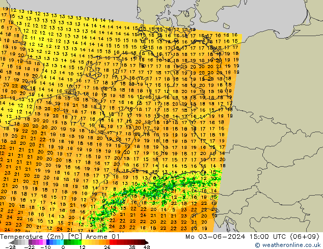 Temperatura (2m) Arome 01 lun 03.06.2024 15 UTC