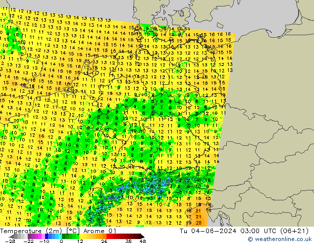 Temperatura (2m) Arome 01 Ter 04.06.2024 03 UTC