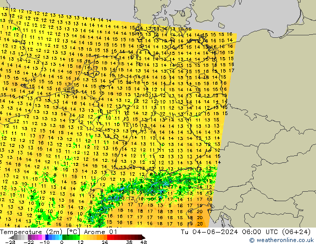 Temperature (2m) Arome 01 Tu 04.06.2024 06 UTC