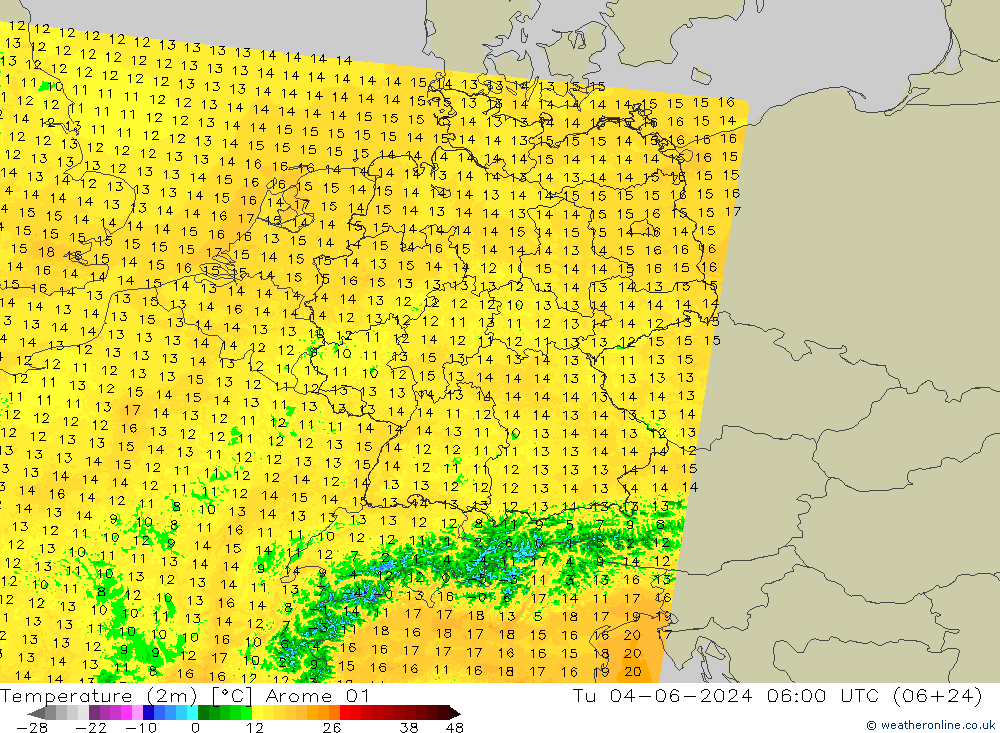 Temperaturkarte (2m) Arome 01 Di 04.06.2024 06 UTC