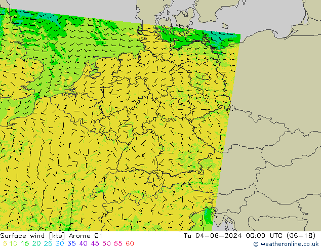 Surface wind Arome 01 Út 04.06.2024 00 UTC