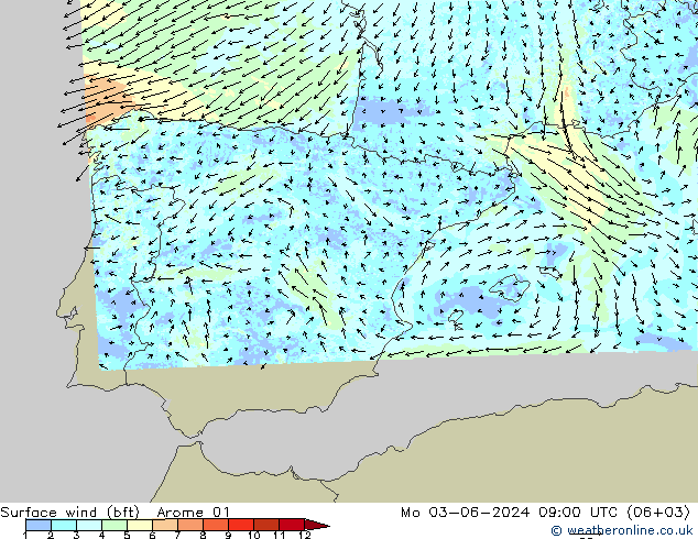 Surface wind (bft) Arome 01 Mo 03.06.2024 09 UTC