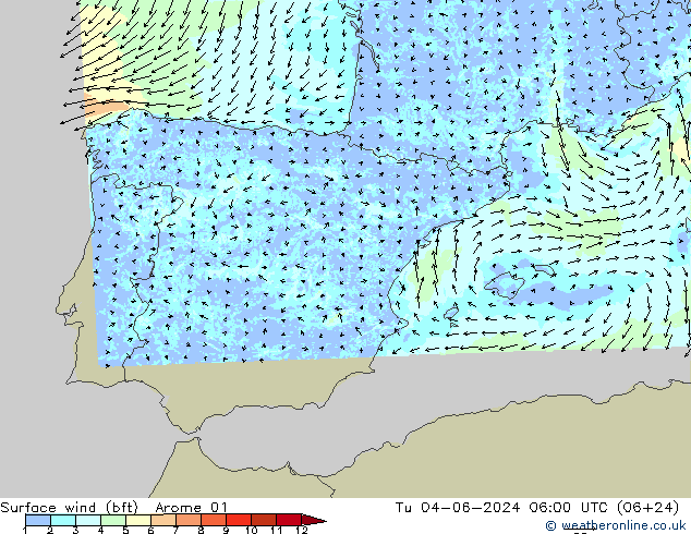 Vento 10 m (bft) Arome 01 Ter 04.06.2024 06 UTC