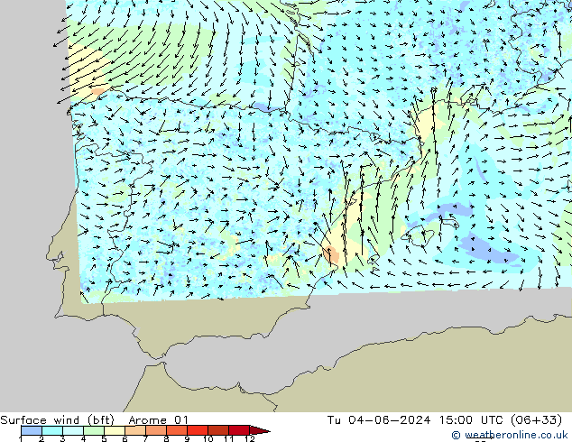 Surface wind (bft) Arome 01 Tu 04.06.2024 15 UTC