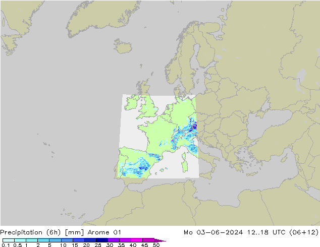 Precipitation (6h) Arome 01 Mo 03.06.2024 18 UTC