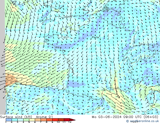 Surface wind (bft) Arome 01 Mo 03.06.2024 09 UTC