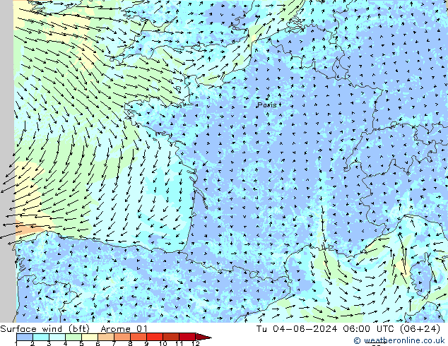  10 m (bft) Arome 01  04.06.2024 06 UTC