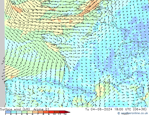 Wind 10 m (bft) Arome 01 di 04.06.2024 18 UTC