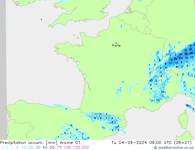 Totale neerslag Arome 01 di 04.06.2024 09 UTC