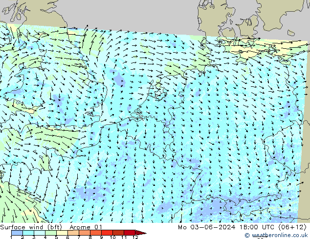 Viento 10 m (bft) Arome 01 lun 03.06.2024 18 UTC