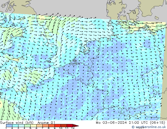 Surface wind (bft) Arome 01 Mo 03.06.2024 21 UTC