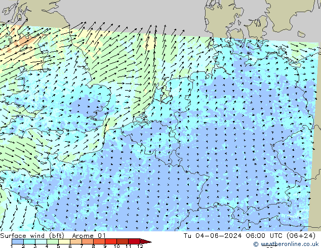 Surface wind (bft) Arome 01 Tu 04.06.2024 06 UTC