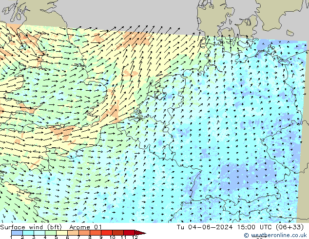 Rüzgar 10 m (bft) Arome 01 Sa 04.06.2024 15 UTC