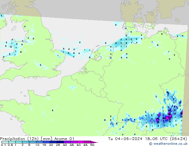 降水量 (12h) Arome 01 星期二 04.06.2024 06 UTC