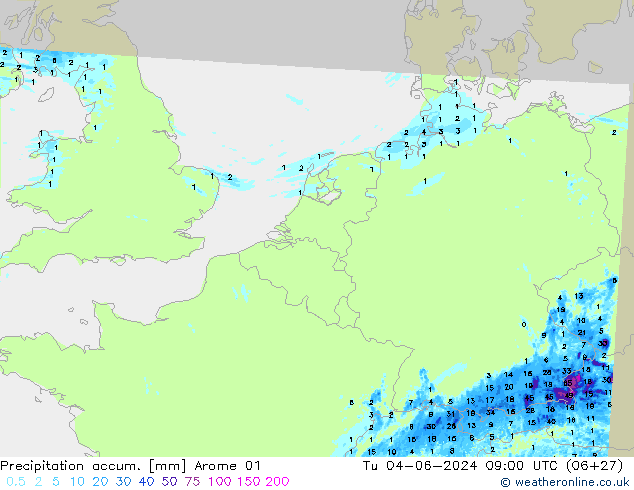 Precipitation accum. Arome 01 Út 04.06.2024 09 UTC