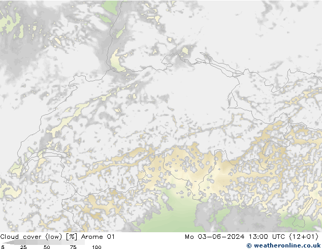 Cloud cover (low) Arome 01 Mo 03.06.2024 13 UTC