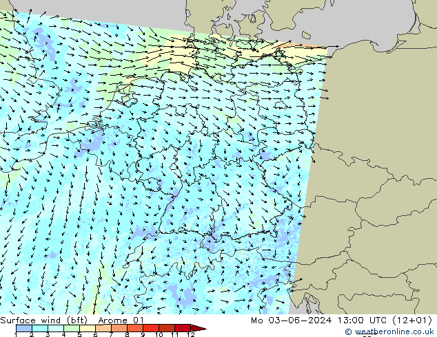 Wind 10 m (bft) Arome 01 ma 03.06.2024 13 UTC