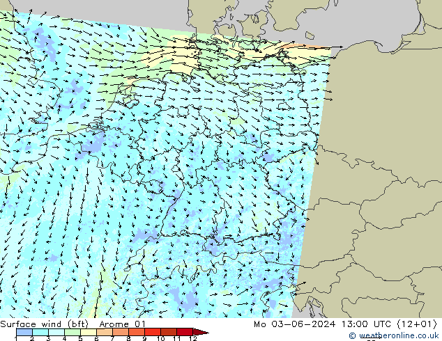 Vento 10 m (bft) Arome 01 lun 03.06.2024 13 UTC