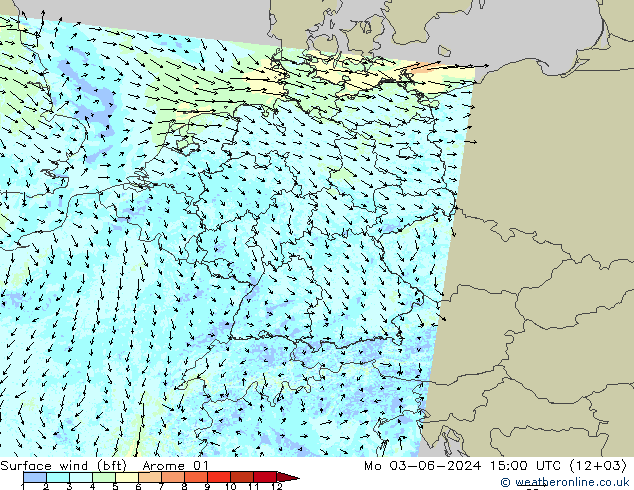 Bodenwind (bft) Arome 01 Mo 03.06.2024 15 UTC