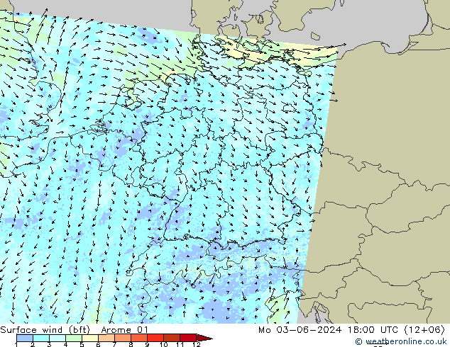 Vent 10 m (bft) Arome 01 lun 03.06.2024 18 UTC