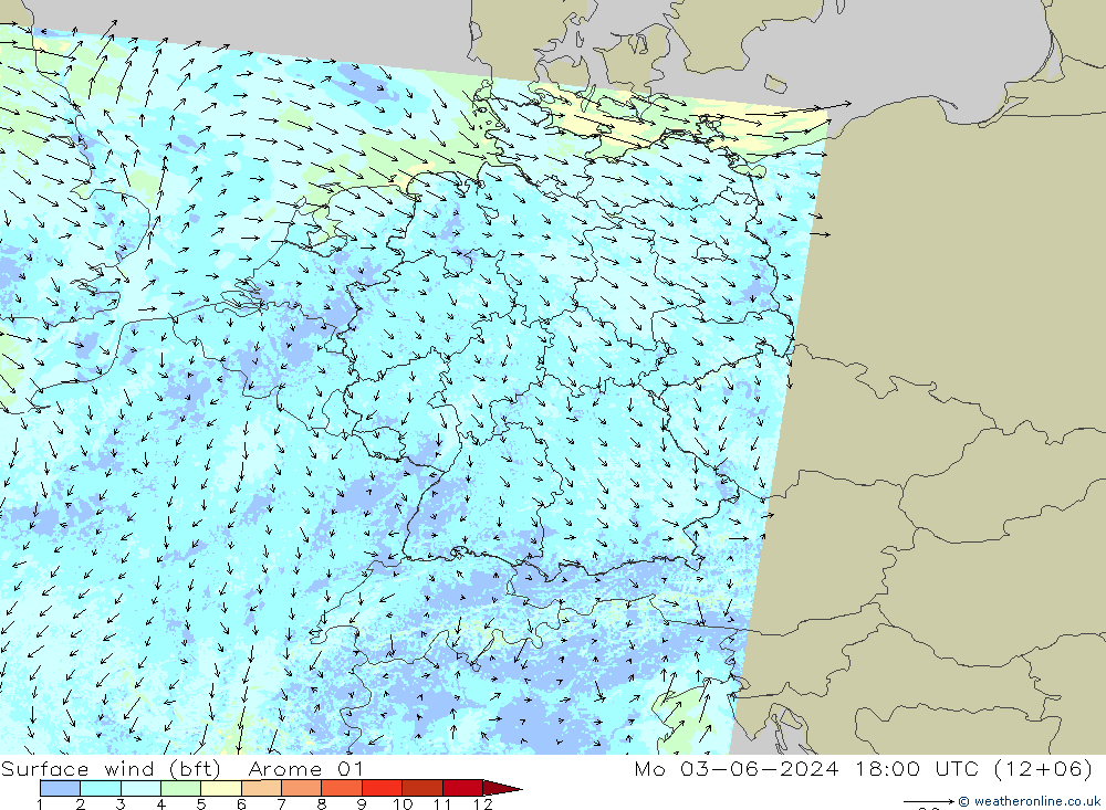  10 m (bft) Arome 01  03.06.2024 18 UTC
