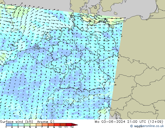 Vent 10 m (bft) Arome 01 lun 03.06.2024 21 UTC