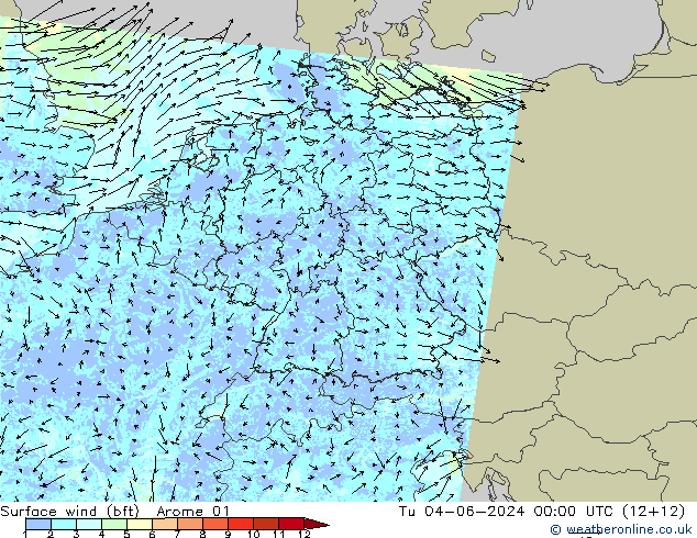 Surface wind (bft) Arome 01 Tu 04.06.2024 00 UTC