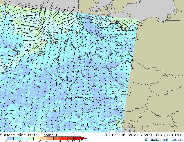 Vento 10 m (bft) Arome 01 Ter 04.06.2024 03 UTC