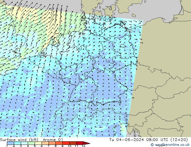 Vento 10 m (bft) Arome 01 Ter 04.06.2024 08 UTC