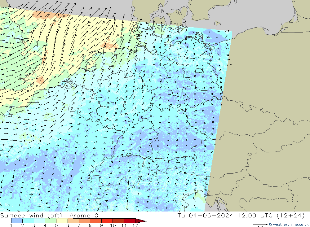 Surface wind (bft) Arome 01 Tu 04.06.2024 12 UTC