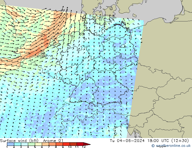 Viento 10 m (bft) Arome 01 mar 04.06.2024 18 UTC