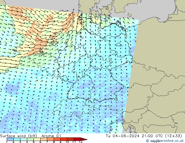 Vento 10 m (bft) Arome 01 Ter 04.06.2024 21 UTC