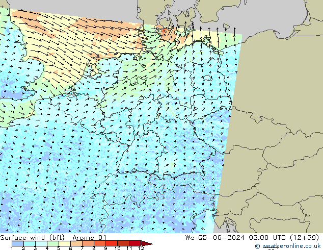 Surface wind (bft) Arome 01 St 05.06.2024 03 UTC