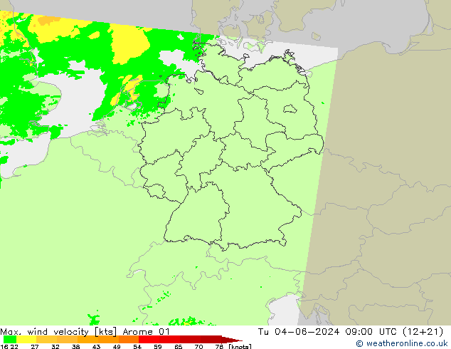 Max. wind velocity Arome 01 mar 04.06.2024 09 UTC